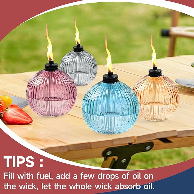 Citronella Torches Set of 4, 16 oz Glass Garden Torches for Outside, 3-Prong Grounded Stake Outdoor Torches, 58.6 inch Outdoor Torch for Yard, Patio, Deck, Party