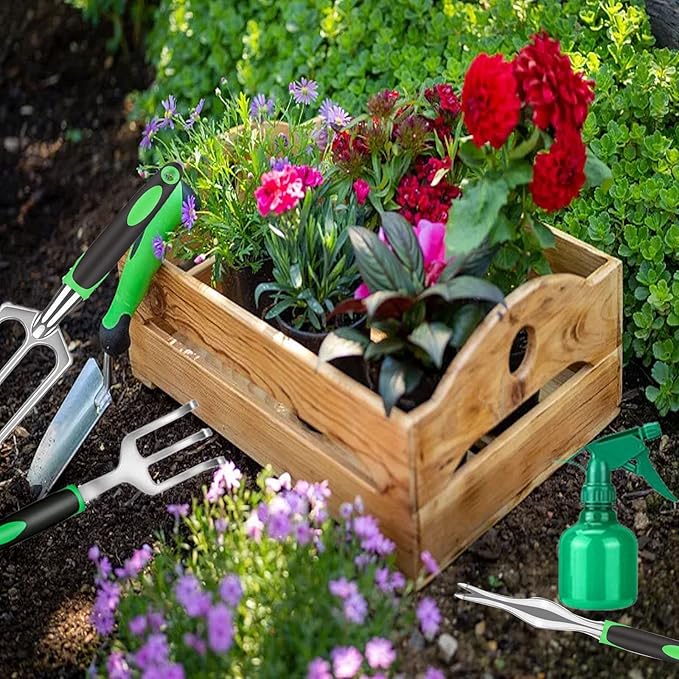 Garden Tool Set with Non Slip Rubber Grip,9 Piece Stainless Steel Gardening Tool Sets,Heavy Duty Outdoor Hand Tools Durable Storage Tote Bag,Uprooting Weeding Tool, Gifts for Women Men Children Green