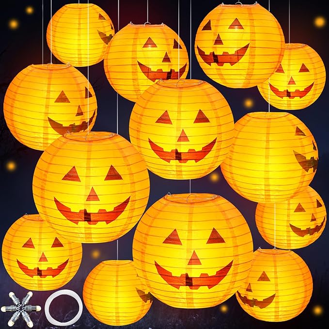 Retisee 20 Pcs 10 Inch Halloween Paper Lanterns Jack O Lantern Pumpkin Halloween Party Decorations Halloween Hanging Pumpkin Decor with Lights Suitable for Indoor Outdoor Yard, Lawn, Garden, Party