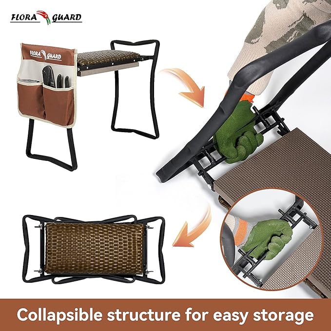 FLORA GUARD Garden Kneeler and seat, Folding seat with Tool Bag, Rattan Cushion, Heavy Duty Carbon Steel Construction, Perfect Gardening Gift for Seniors and Women