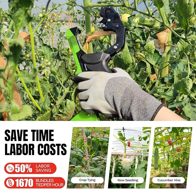 Plant Tying Machine with Green Tape, Lightweight Plant Tape Gun Tool to Tie Up Vine, Plant Tapener Tying Tool for Tomato, Grape, 10000pcs Staples 20 Rolls Tape (Green)