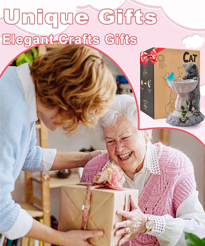 Solar Cat Statues for Bird Bath: Outdoor Sculptures for Garden Lawn Patio Yard Balcony Porch - Unique Gifts for Mother Grandma Women