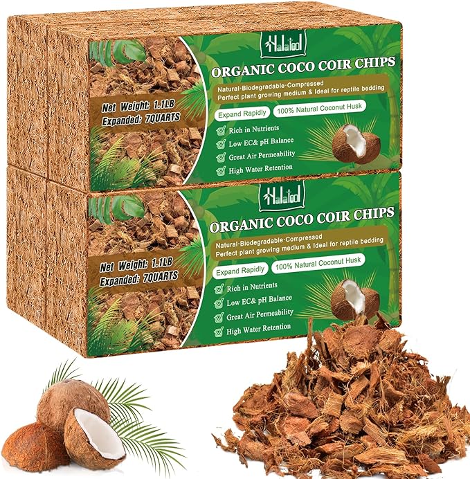 Halatool 4 Pcs Coconut Coir Chips for Plants - 4.4 LB 100% Organic Coco Husk Chip Bricks with Low EC and pH Balanced, Compressed Coco Substrate Growing Mulch Medium for Garden Herbs, Plants, Flowers