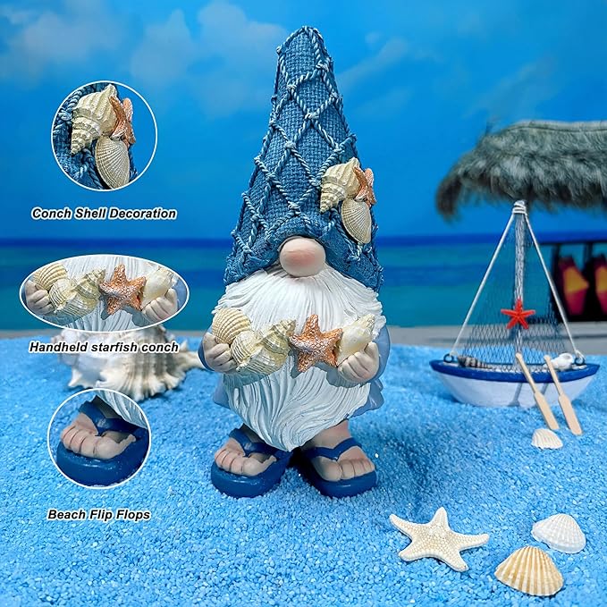 Outdoor Garden Sea Gnome Statue Decoration Indoor Outdoor Resin Beach Gnome Sculpture for Home Office Desktop Bathroom, Summer Pool Decoration Outdoor Gifts (Holding a Shell)
