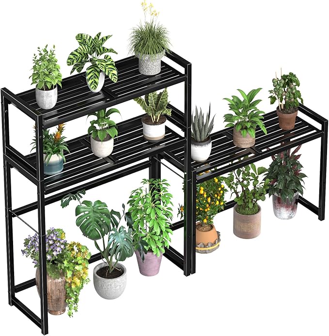 3-Tier Plant Stand Outdoor Indoor Waterproof, Stackable Heavy Duty Tall Plant Shelf Flower Pot Holder, Display Rack for Garden, Patio, Balcony, Black