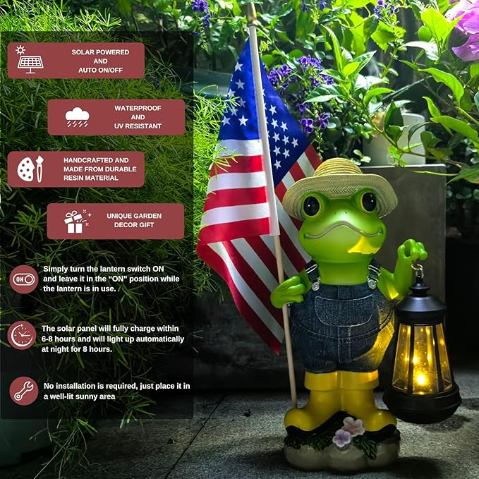 Garden Statues Frog with Solar Lantern, Outdoor Frog Figurine Decorations for Patio Yard Lawn Ornaments, Gifts for Mom/Grandma Birthday Housewarming