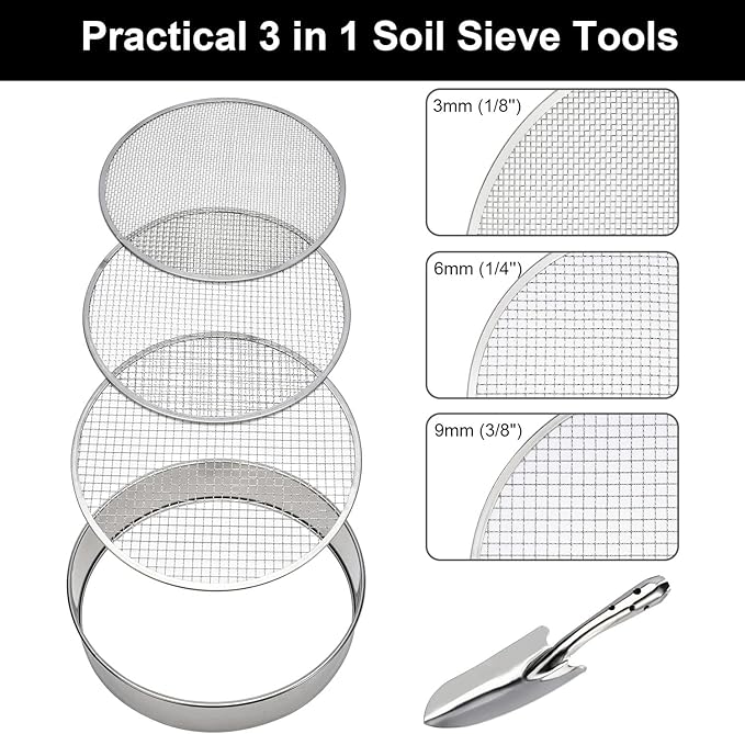 Soil Sieve Garden Potting Riddle Sieve Stainless Steel Soil Sieve Set, With 3 Interchangeable Filter Mesh Sizes 3,6,9mm and Bonus Spade