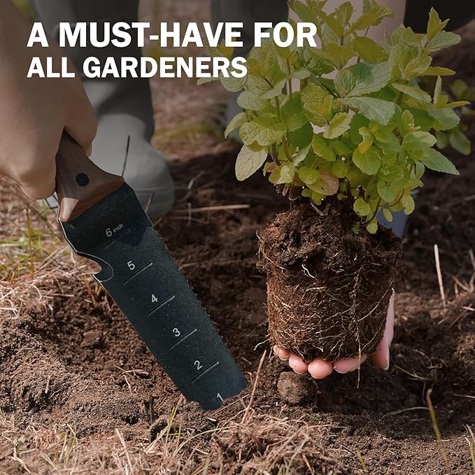 Hori Hori Garden Knife, Garden Tools with Sheath for Weeding,Planting,Digging, 7" Stainless Steel Blade with Cutting Edge, Full-Tang Wood Handle with Hanging Hole