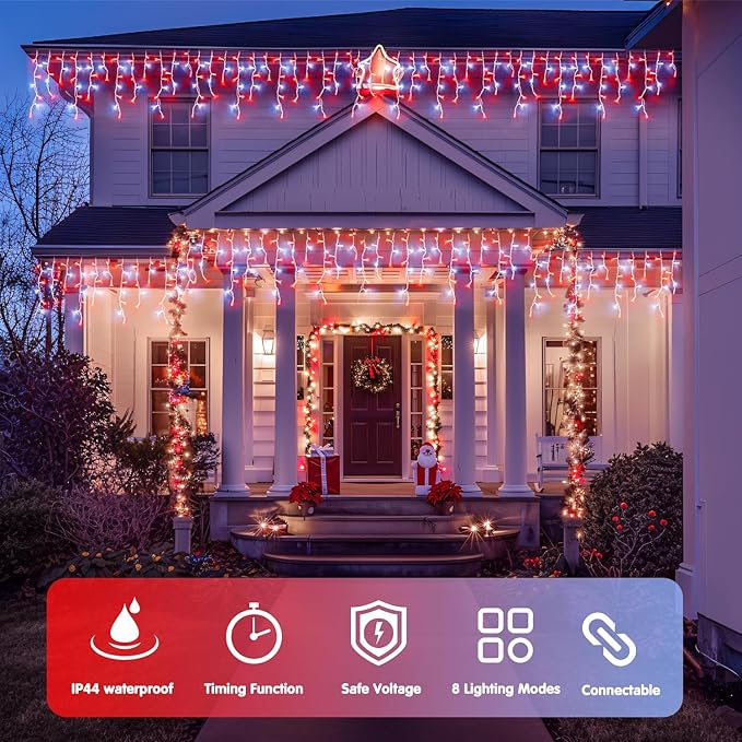 JMEXSUSS 38.8 Ft 400 LED Icicle Christmas Lights for Outside, 8 Modes Red and White Icicle String Lights Plug in with Remote, Christmas Lights Indoor Outdoor for Halloween Party Christmas Decoration