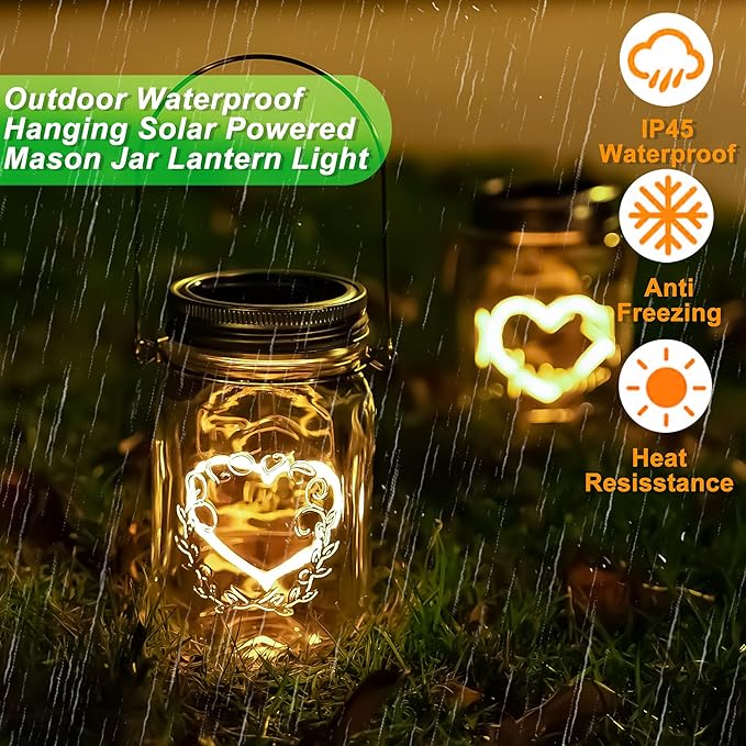 Hanging Solar Mason Jar Lights, 4 Pack Warm Heart Shape Led Lights, Solar Powered Lanterns Outdoor Waterproof, Hangers and Jars Included, Gift for Lover, Home Party Wedding Garden Patio Decor (4)
