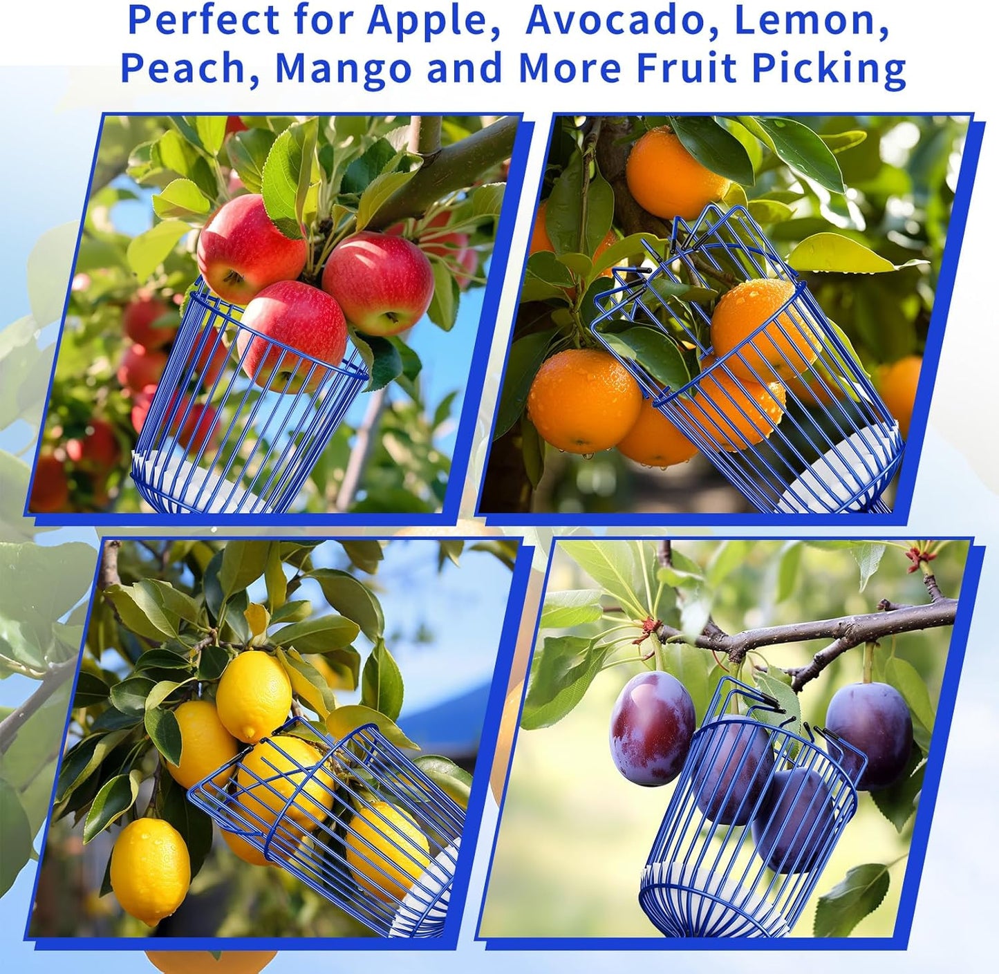 Fruit Picker Pole with Basket Segmented Fruit Picker Pole Tool for Apple Avocado Cherry Lemon Mango Orange Peach Picking(40-130")