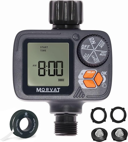 Morvat Sprinkler Timer Outdoor, Garden Hose Faucet Water Timer with Rain Delay, Programmable Automatic/Manual Modes, Watering Irrigation Timer System + Teflon Tape, 2 Spare Washers & 2 Filter Washers