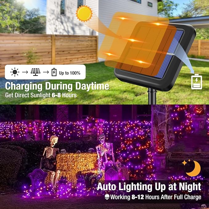 btfarm Solar Halloween String Lights Outdoor, 120LED 39Ft Orange Purple Solar Lights Waterproof Outside, 8 Modes Tree Twinkle Light Solar Powered for Garden Yard Patio Party Decorations