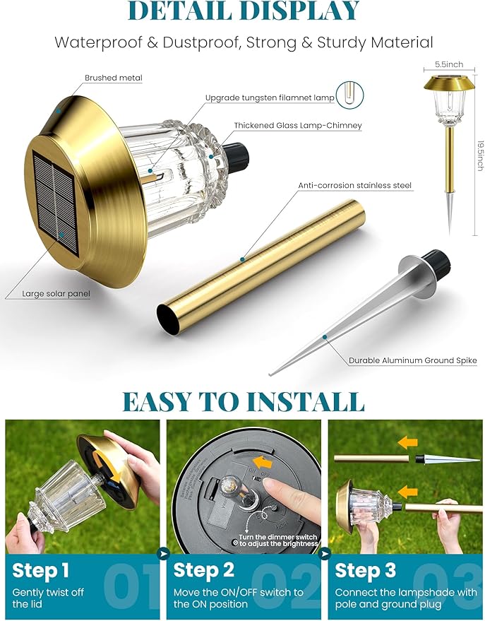 Solar Lights Outdoor Waterproof,4 Pack Gold Pathway Lights with 10-40 LM Dimmable Glass and Metal, Solar Powered Garden Decor for Yard,Patio,Pathway,Driveway(Warm White)