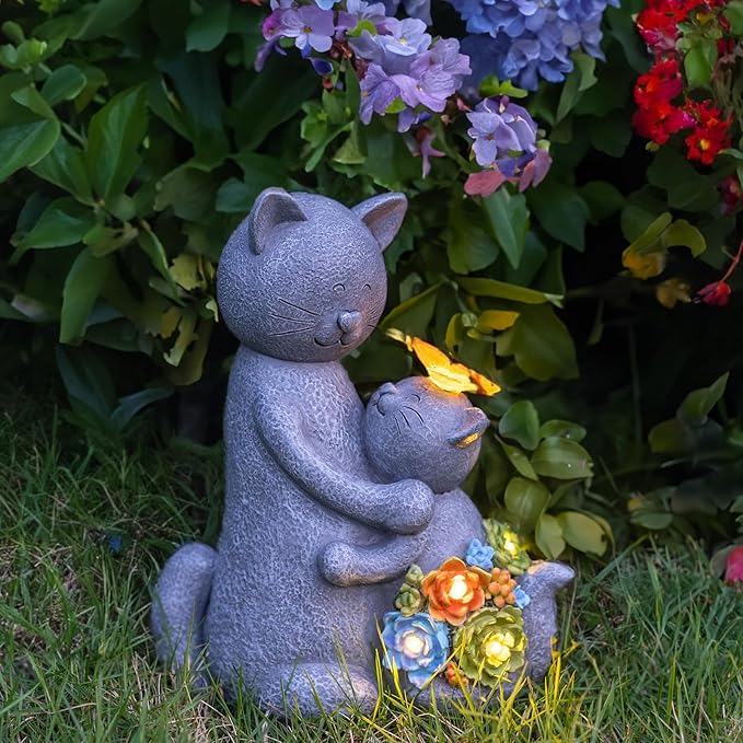 Solar Garden Statues Loving Cat Figurine Lights for Outside, Yard Decorations Outdoor, Garden Christmas Decor Unique Birthday Housewarming Gifts for Mom, Women
