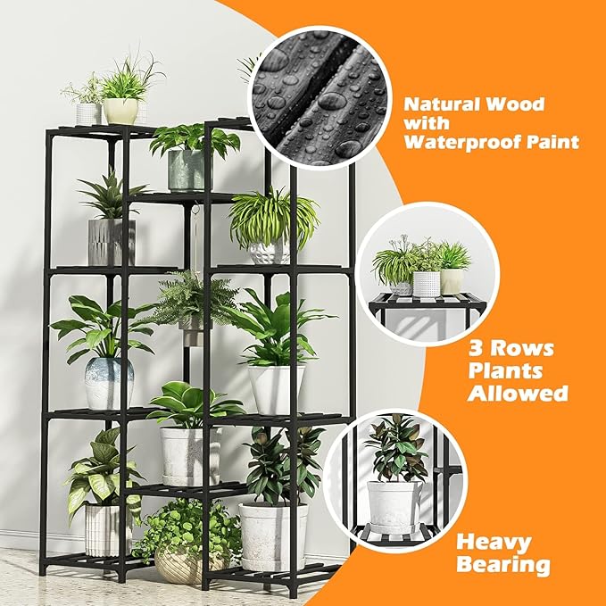 Bamworld Black Plant Stand Indoor Bamboo Hanging Plants Shelf for Multiple Plants Tall Large Holder for Living Room, Patio, Balcony, Garden