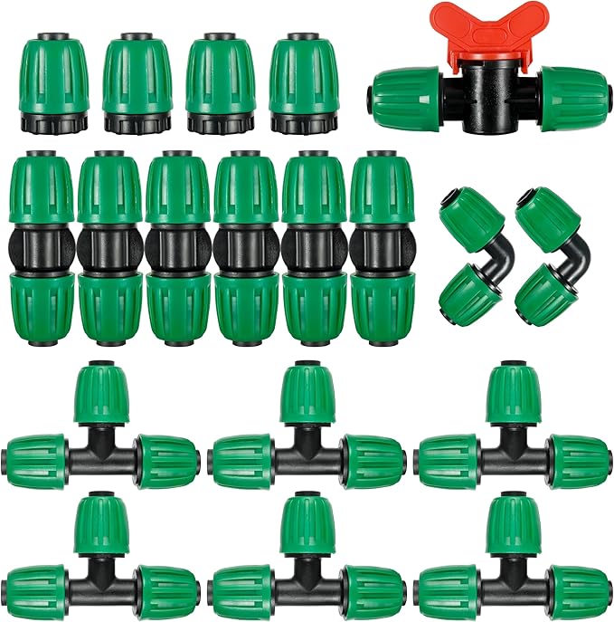 19 Pcs Pond Irrigation 1/2 inch Vinyl Tubing Fittings Kit, For (1/2" ID x0.6-0.63" OD) 16mm Drip Tubing - 6 Tees, 6 Couplings, 4 Ends, 2 Elbows, 1 Switch Valves- Barbed Locked Nuts Connectors