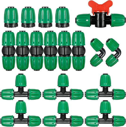 19 Pcs Pond Irrigation 1/2 inch Vinyl Tubing Fittings Kit, For (1/2" ID x0.6-0.63" OD) 16mm Drip Tubing - 6 Tees, 6 Couplings, 4 Ends, 2 Elbows, 1 Switch Valves- Barbed Locked Nuts Connectors