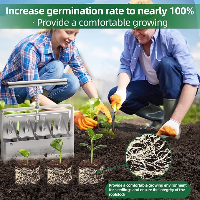 Soil Blocker 2 Inch 4 Cell Upgraded Soil Block Maker Heavy Duty with Comfortable Handle and 3 Sizes Seed Pins Handheld Soil Blocking Tool for Seed Starting transplanting Germination