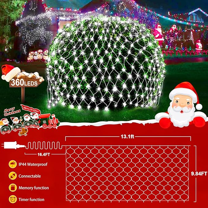 KNONEW Christmas Net Lights 360 LEDs 13ft x 9.8ft Outdoor Mesh Lights Connectable Waterproof 8 Modes & Timer Plug-in Net Fairy Lights for Bushes Garden Party Wedding Holiday,Cool White