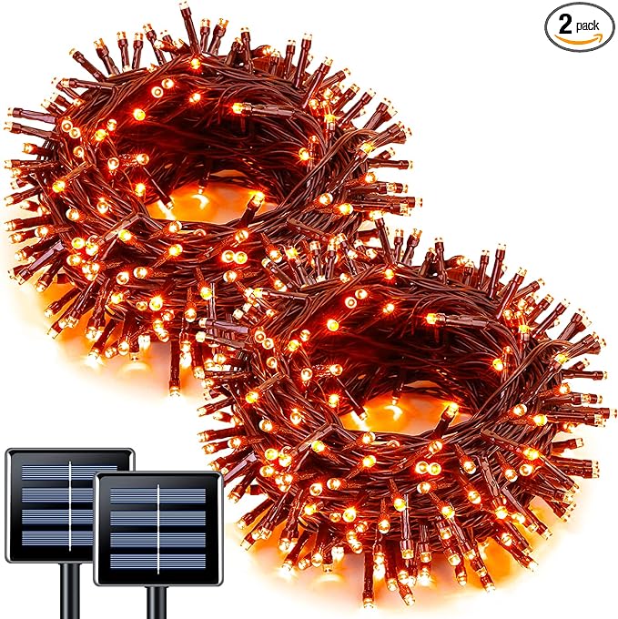 JMEXSUSS 2 Pack Orange Halloween Lights: 100 LED 33ft Solar Halloween Lights Outdoor Waterproof - 8 Modes Orange Lights for Halloween Outside Tree Gardens Party