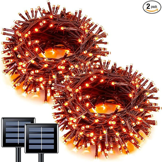 JMEXSUSS 2 Pack Orange Halloween Lights: 100 LED 33ft Solar Halloween Lights Outdoor Waterproof - 8 Modes Orange Lights for Halloween Outside Tree Gardens Party