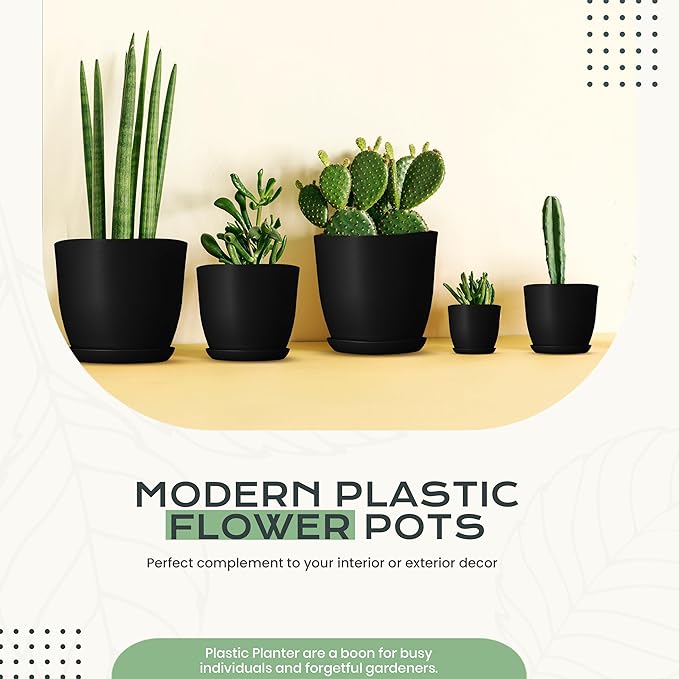 Utopia Home - Plant Pots Indoor with Drainage - 7/6.6/6/5.3/4.8 Inches Home Decor Flower Pots for Indoor Planter - Pack of 10 Plastic Planters for Indoor Plants, Cactus, Succulents Pot - Black