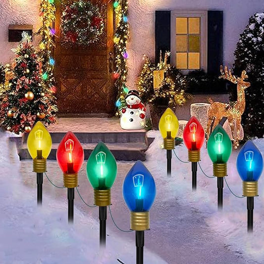 Jumbo C9 Christmas Pathway Lights Outdoor, 2 Pack 7Ft Christmas Decorations Lights with 8 LED Jumbo Multicolor Bulb and Pathway Marker Stakes Lights for Outdoor Christmas Walkway Lawn Yard Garden