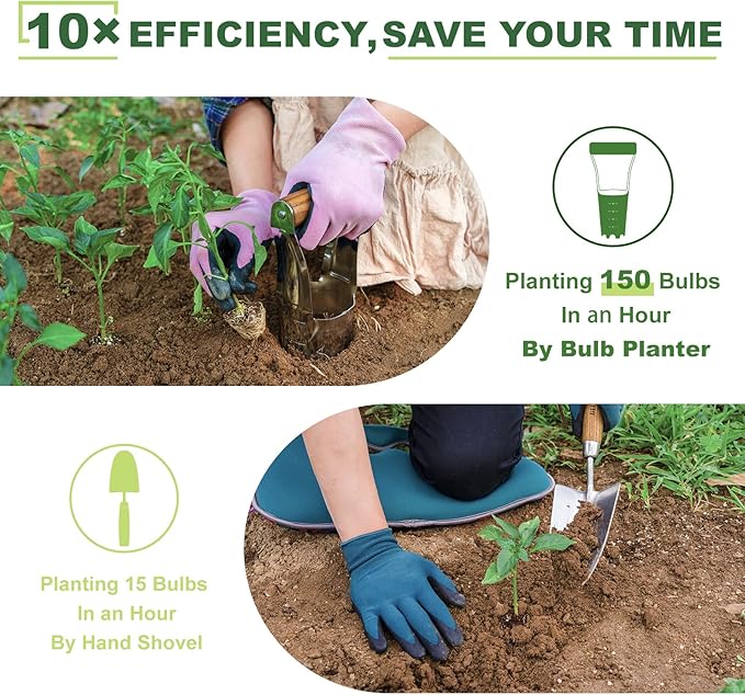 Bulb Planter Tool, 4 Inches Depth Mark Hand Bulb Planter, Non-Bending Stainless Steel Bulb Planter Digger, Garden Bulb Transplanter with Comfortable Grip Wooden Handle for Tulip and Daffodils