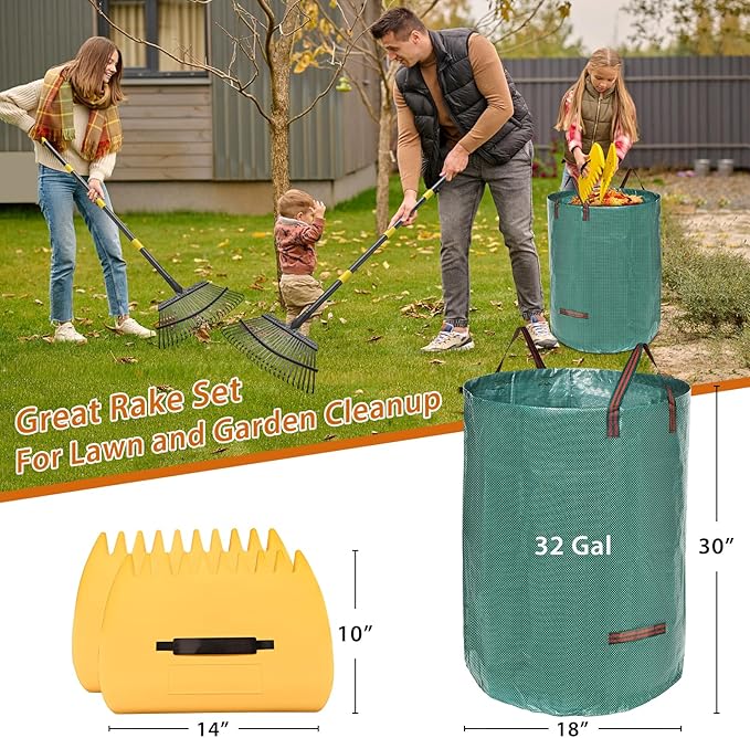 Rake, Garden Leaf Rake Set, 78 Inch Long 18 Inch Wide Heavy Duty Leaf Rake with 25 Metal Tines, 32 Gallon Leaf Bags, Leaf Scoops, Yard Garden Thatching Rake for Leaves with Adjustable Handle