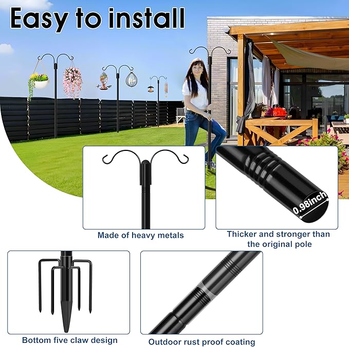 Ottsuls Bird Feeder Pole, 2 Pack 76 INCH Double Shepherds Hooks for Outdoor, with 5 Base Prongs Heavy Duty Tall Garden Planter Hooks for Hanging Flower Basket, Lantern, Hummingbird Feeder