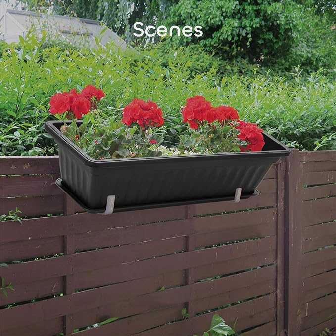 GROWNEER 6 Packs 17 Inches Black Flower Window Box Plastic Vegetable Planters Long Pots with 15 Pcs Plant Labels for Outdoor Indoor Windowsill, Patio, Garden, Home Decor, Porch