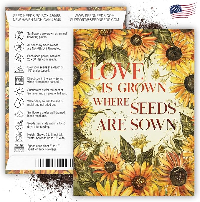 Seed Needs, Sunflower Seed Packet Party Favors - 20 Pre-Filled Packs to Hand Out (Great for Weddings, Bridal Showers, Memorials, Fundraisers & Other Events) Heirloom & Untreated (20 Packets)
