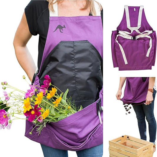 Roo Gardening Apron with Pockets & Harvesting, Picking Pouch - Adjustable, Water-resistant, Washable Canvas Cotton