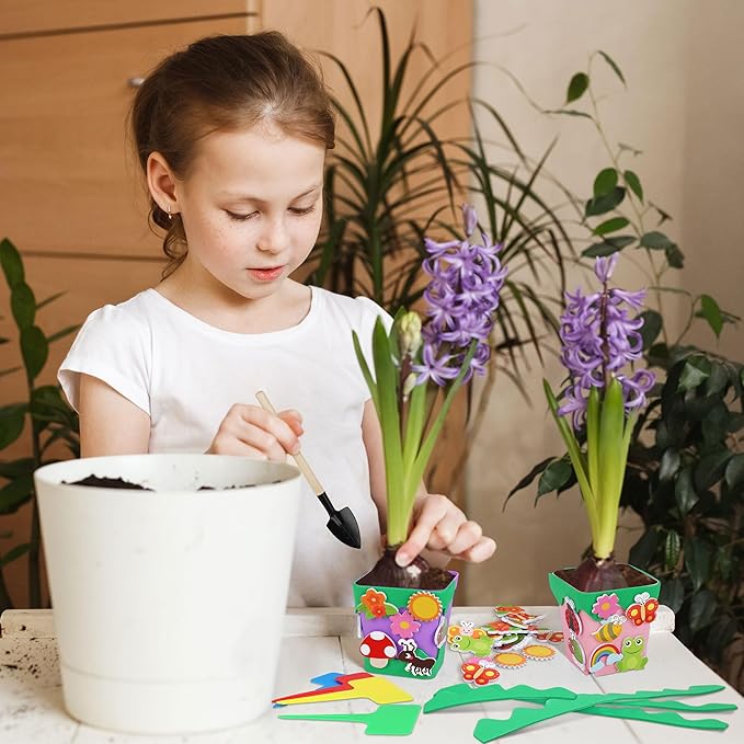 Elcoho 36 Set Garden Plastic Pot Craft Kit Plant Spring Craft Kits for Kids Flower Pots with 150 Foam Stickers 36 Labels 24 Certificate of Awards 3 Tools Planting Growing Kit for Kids, Mixed Colors