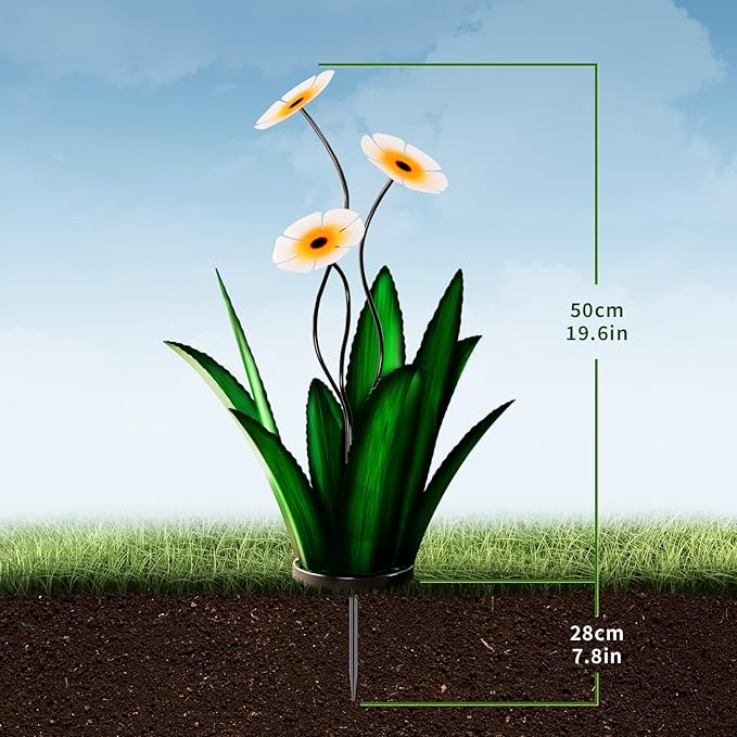 Upgraded Large Metal Yard Art, Agave Plant Yard Decorations, Outdoor Sculpture, Flowers for Outside, Waterproof Garden Decor (Green + Blue Flower)