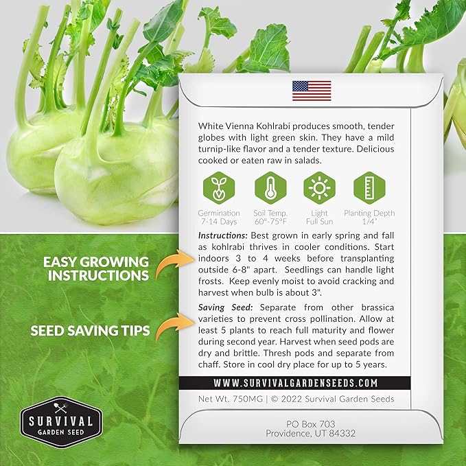 Survival Garden Seeds - White Vienna Kohlrabi Seed for Planting - 2 Packs with Instructions to Plant and Grow Unique Cruciferous Vegetables in Your Home Vegetable Garden - Non-GMO Heirloom Variety