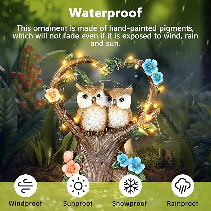 Solar Garden Owl Statue, Owl Figurines with Solar LED Lights for Garden Patio Lawn Ornaments, Indoor Outdoor Decor Waterproof Garden Gift for Owl Lovers 7''