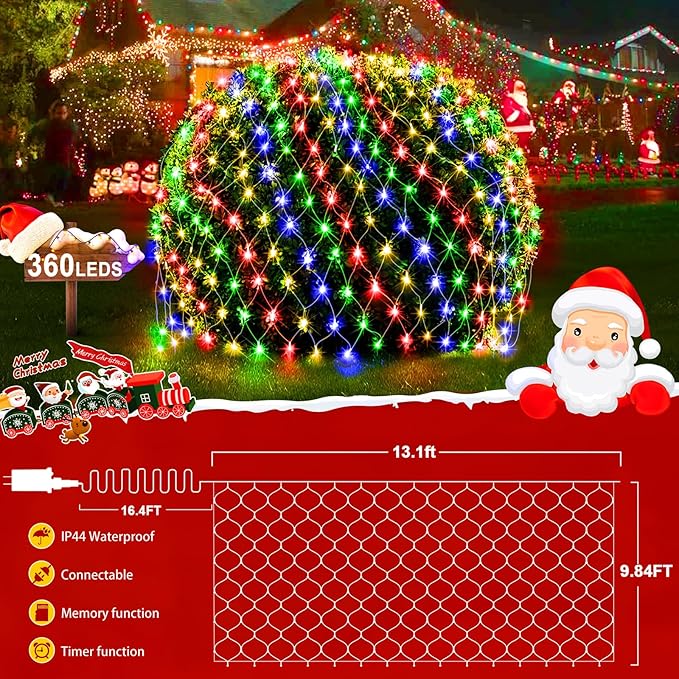 KNONEW 2-Pack 360 LEDs Christmas Net Lights 13ft x 9.8ft Outdoor Mesh Lights Connectable Waterproof 8 Modes & Timer Plug-in Net Fairy Lights for Bushes Garden Party Wedding Holiday,Multicolor