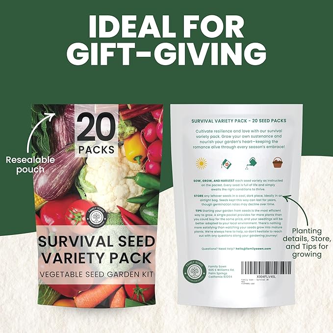 20 Vegetable Seeds | Survival Variety Pack | 2025 Season | Individually Packed Vegetables, Herbs and Fruits | Emergency Seed Vault for Doomsday Prepping | by Family Sown