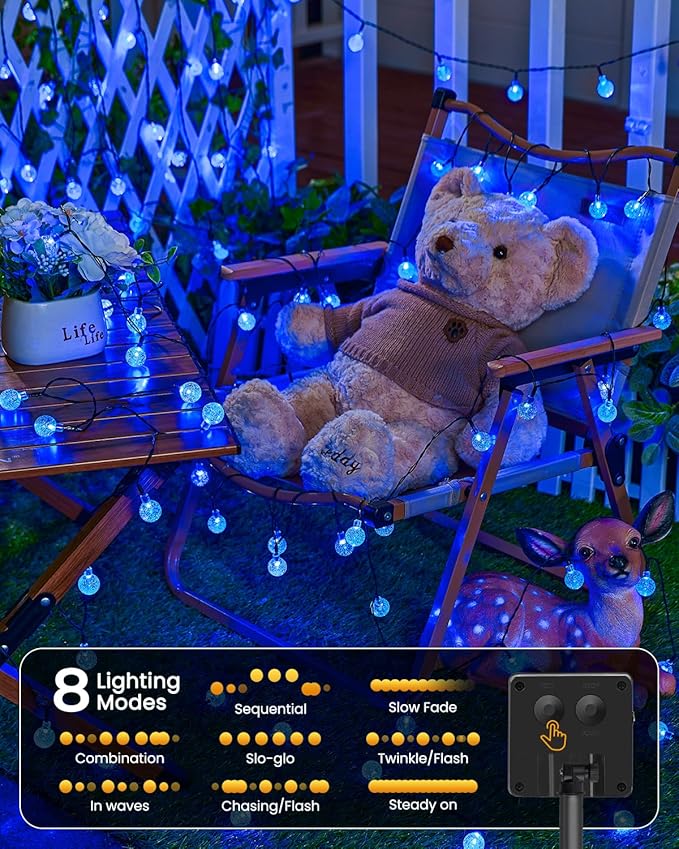 Solar String Lights Outdoor Waterproof, 2 Pack 60 LED 36.5 FT Each, 8 Lighting Modes Solar Powered Patio Lights for Garden Yard Porch Wedding Party Decor (Blue)