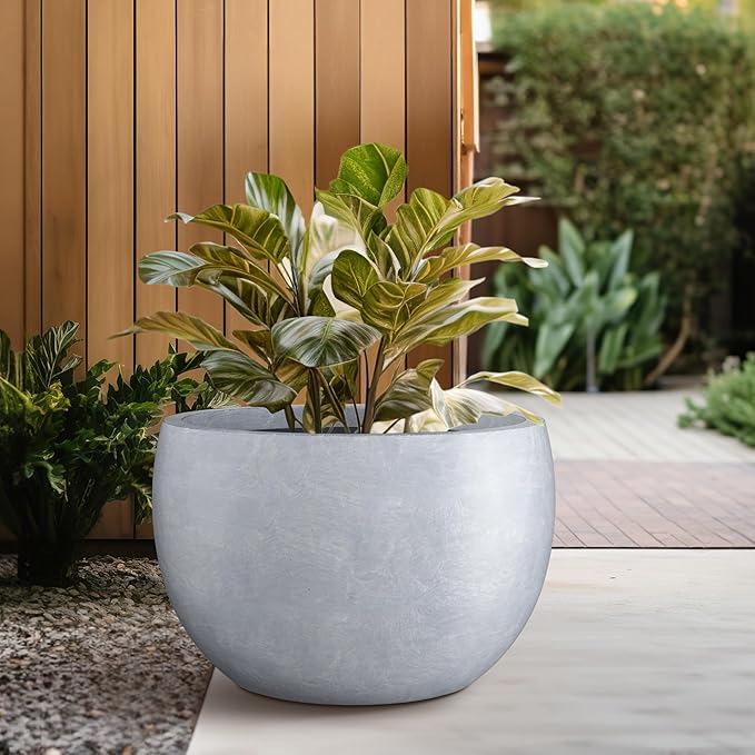 Kante 19.9" Dia Lightweight Concrete Outdoor Round Bowl Planter, Outdoor/Indoor Large Planters Pots with Drainage Hole for Garden Patio Balcony Deck Living Room, Slate Gray