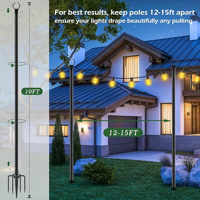 Aulimhti 10Ft Metal Poles with Fork for Outdoor String Lights,2 Pack Light Stand for Outside Garden,Patio,Wedding,Backyard,Deck,Party