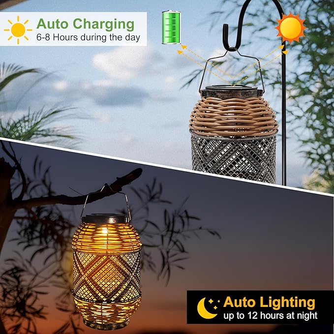2 Pack Solar Lanterns Outdoor Waterproof,Rattan with Metal Hanging Solar Lights Boho Lanterns Decorative Lights with Handle for Patio Pathway Courtyard Tree Garden Yard Fence