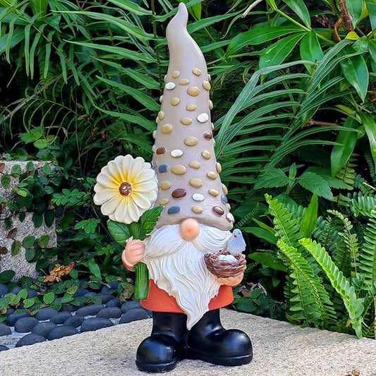 12 Inch Solar Garden Gnome Statue Clearance with Sunflower and Bird's Nest Light – Outdoor High Hat Gnome Sculpture Outdoor Statue for Patio and Garden Decor – Figurine Gift for Gnome Lovers