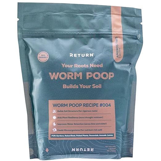 Return Worm Poop #004, 1-QT Pouch, Natural Worm Castings for Plants, Vegetable Garden, Lawn - Earthworm Soil Amendment, Organic Matter, Indoor Outdoor, Eco-Friendly, Odor-Free