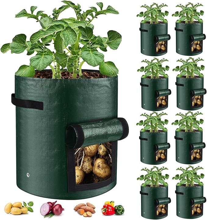 10 Gallon 8-Pack Grow Bags, Durable PE Fabric Pots with Flap and Handles, Green Planter Bags for Potato Vegetables Flowers Herbs Garden Outdoor, 17.7''x13.8'' Large for All Plants Growing