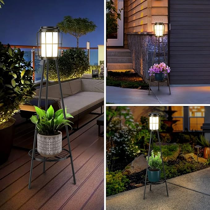 2 Pack Solar Lights Outdoor with Plant Stands - Solar Floor Lamp & Street Lights with Metal Tripod - Patio Decor for Garden, Yard, Pathway, Driveway, Porch