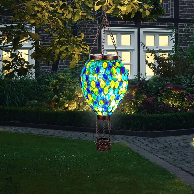 VOREEN Hot Air Balloon Solar Lantern, Mosaic Solar Outdoor Hanging Wind Light, Waterproof, Patio Festive Decor, Easter Gifts for Mom Father Grandma, Blue