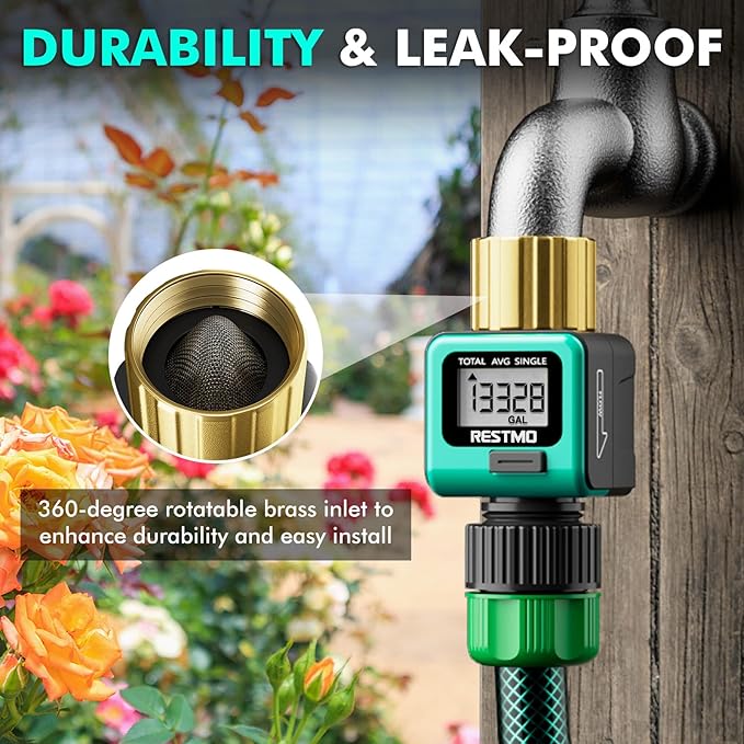 RESTMO Water Flow Meter with Brass Inlet Metal Thread, Measure Gallon/Liter Consumption and Flow Rate for Outdoor Garden Hose Watering, RV Water Tank Filling, Lawn Sprinkler and Nozzle Sprayer